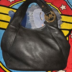 Michael Kors Black Leather Hobo Bag with MK Charm